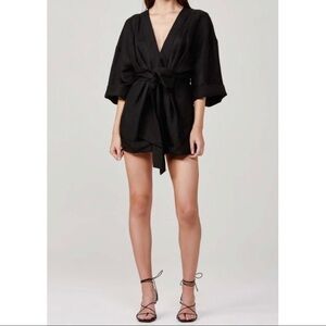 Significant Other Tempo Linen Blend V Neck Kimono Sleeve Romper Solid Black